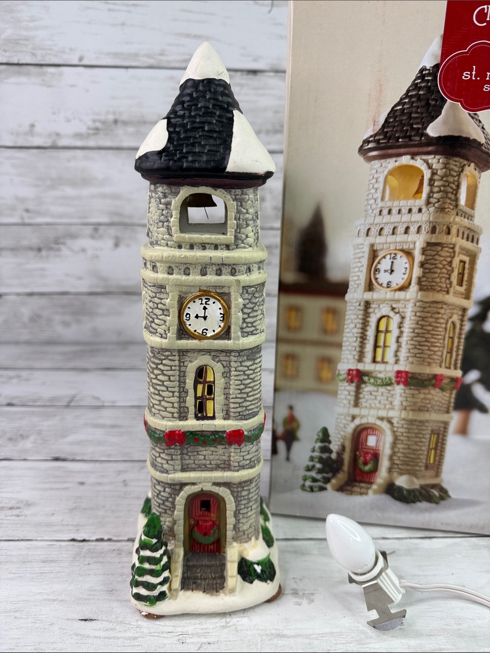 St. Nicholas Square Village Bell Clock Tower Christmas Village 2008 W/ Light
